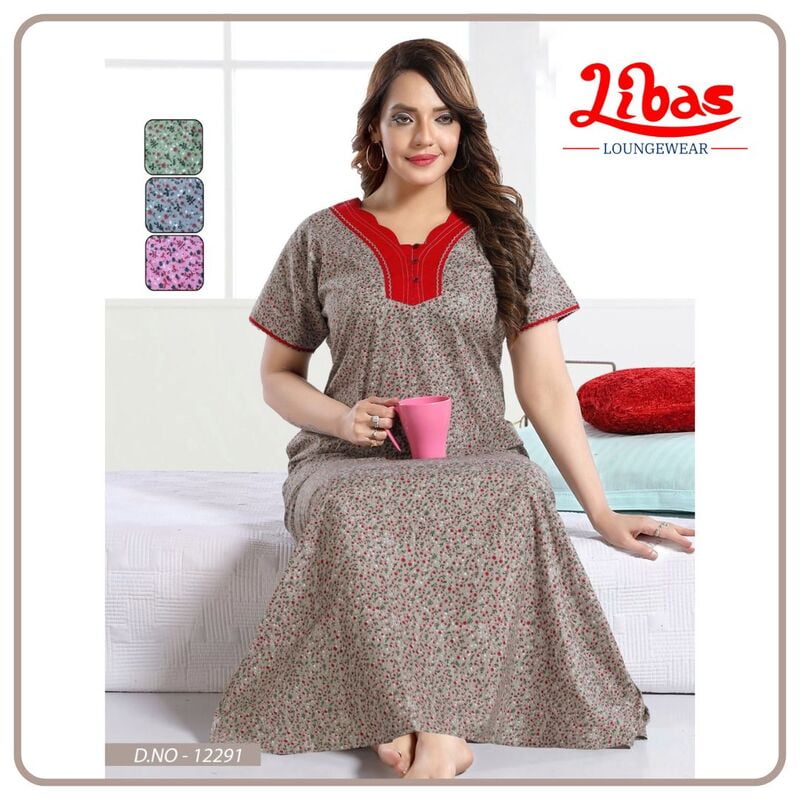 Grass Green Cotton Nighty With Tiny Floral Print All Over From Libas Loungewear - PS521 Grass Green Cotton Nighty With Tiny Floral Print All Over From Libas Loungewear - PS521