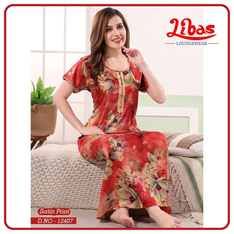 Persian Red Premium Satin Nighty With Floral Print All Over From Libas Loungewear - ST088 Persian Red Premium Satin Nighty With Floral Print All Over From Libas Loungewear - ST088