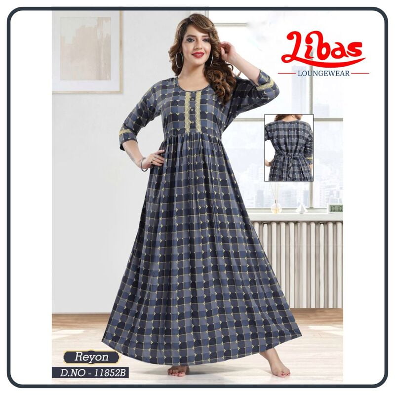 East Bay Grey Premium Rayon Long Sleeve Nighty With Geomeric Design From Libas Loungewear - LSN198 East Bay Grey Premium Rayon Long Sleeve Nighty With Geomeric Design From Libas Loungewear - LSN198