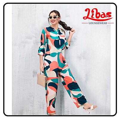 Minty Breeze Geometric Top Bottom Hosiery Cotton Women Night Suit From Libas Loungewear- FPS146
