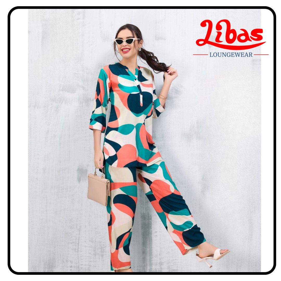 Minty Breeze Geometric Top Bottom Hosiery Cotton Women Night Suit From Libas Loungewear- FPS146