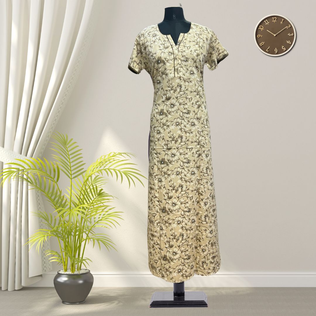 Ashy Yellow Batik Cotton Nighty With All Over From Libas Loungewear - AL1098 Ashy Yellow Batik Cotton Nighty With All Over From Libas Loungewear - AL1098