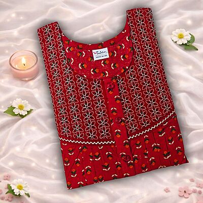 Fire Brick Red Cotton Pleated Nighty With Floral Design From Libas Loungewear - PLT280