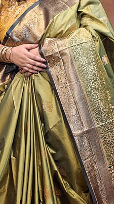 Olive Green Semi Silk Banarasi Saree with Dark Green Border & Gold Zari Buta