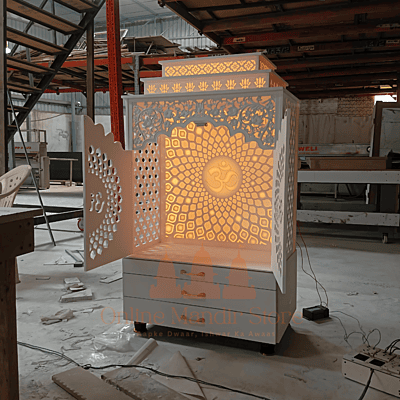 Om Aura Corian Mandir with Folding Doors Om Aura Corian Mandir with Folding Doors