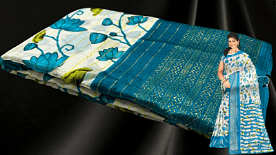 White Lotus Gold Foil Saree - Blueish Green White Lotus Gold Foil Saree - Blueish Green