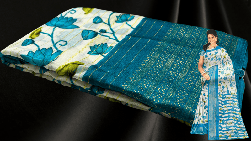 White Lotus Gold Foil Saree - Blueish Green
