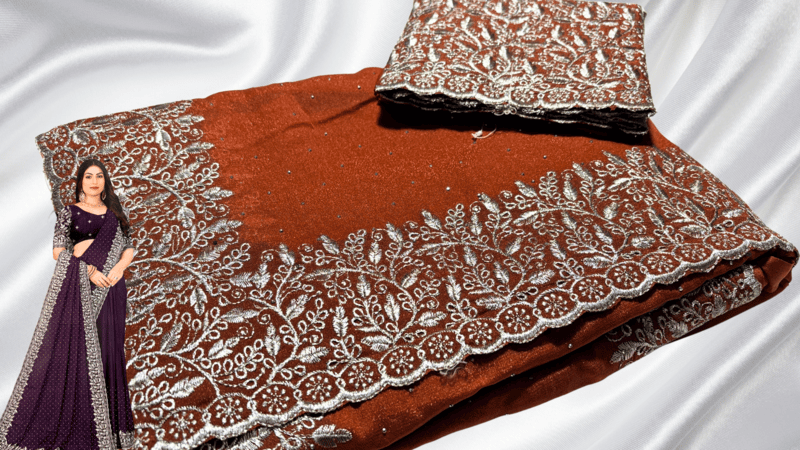 Ferrari Marble Silver Designer Saree - Brick Orange