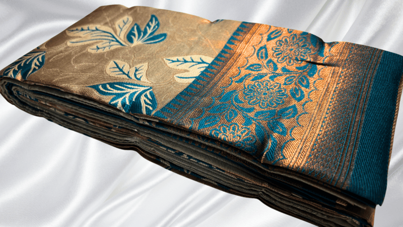 Kubera Pattu Copper Jari Saree - Cream & Dark Blue