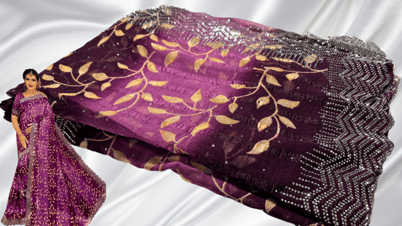 Grand Stone Popcorn Leaf Saree - Plum