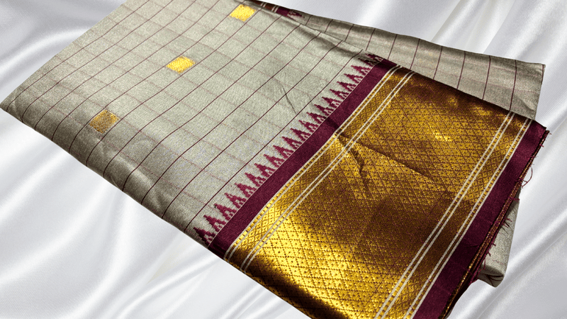 Fancy Soft Kanchi Check Silk Saree - Ash Cream