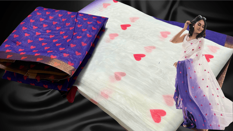 Tip Top Chanderi Cotton Saree - White Lavendar Heart