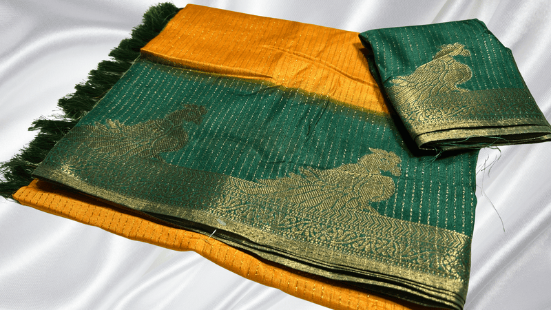 Parrot Gold Line Fancy Silk Saree - Mango & Pine