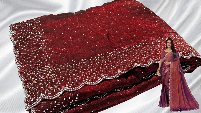 Space Silk Cut Stone Work Designer Saree - Gold Red