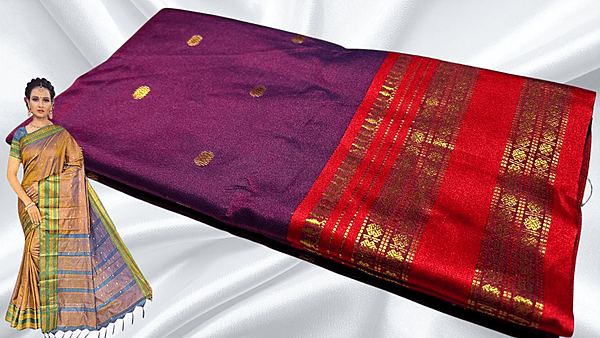 Retta Patta Kanchi Silk Saree - Dark Plum & Red