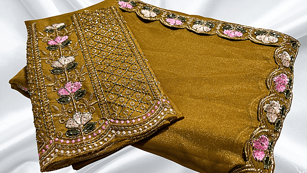 Natural Diamond Shimmer Designer Saree - Mustard