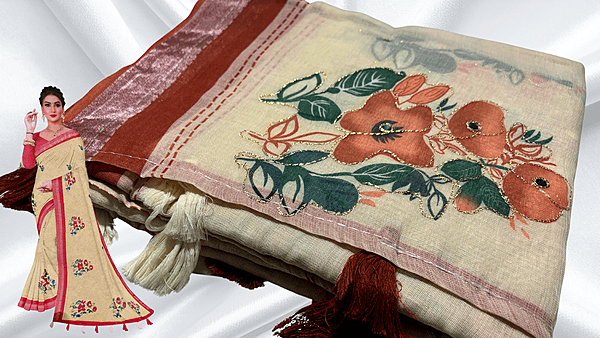 Linen Aari Work Sandal Saree - Brick Orange