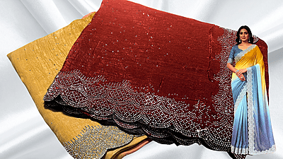 Crunchy Siroski Dual Color Saree - Yellow & Brick