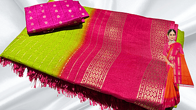 Kaveri Dual Retta Patta Silk Saree - Flo Pista & Rani Pink