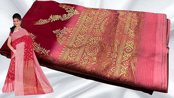 Necklace Goild Foil Dual Color Saree - Red Pink