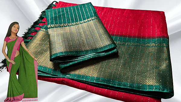 Mangalam Soft Vaira Oosi Saree - Red & Pine
