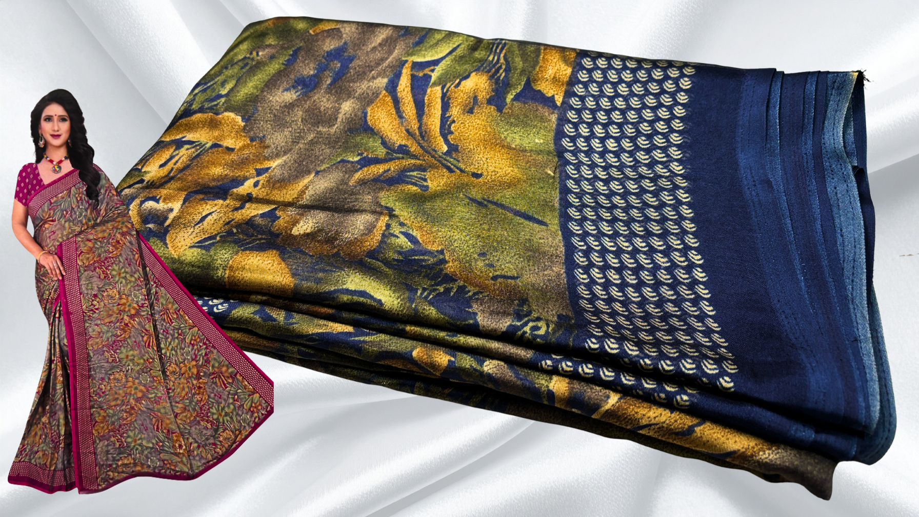 Black Rangoli Distort Floral Saree - Navy