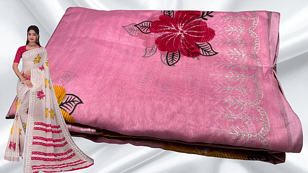 Suchitra Floral Silver Print Saree - Pink
