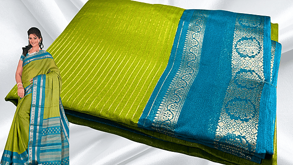Fine Crep Gold Line Saree - Leaf Green & Turqiouse