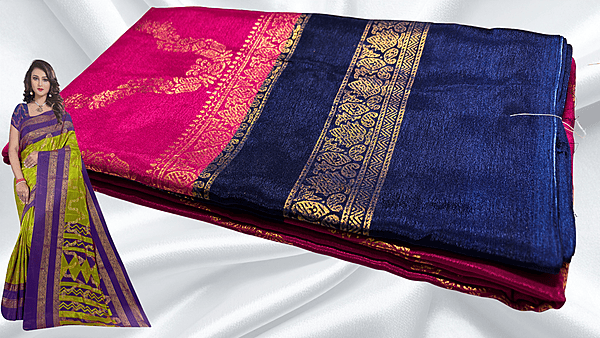 Mulberry Nechlace Gold Foil Saree - Pink & Navy