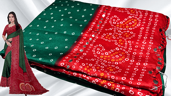 Bandhani Mirror Silk Saree - Pine & Red