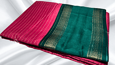 Falgunai Fancy Gold Line Saree - Rani Pink & Pine
