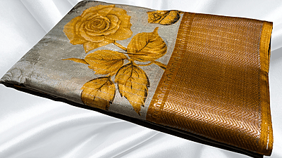 Dola Rico Jari Leaf Floral Saree - Cream Mustard