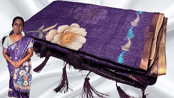 Sindoor Linen Cotton Floral Saree - Purple