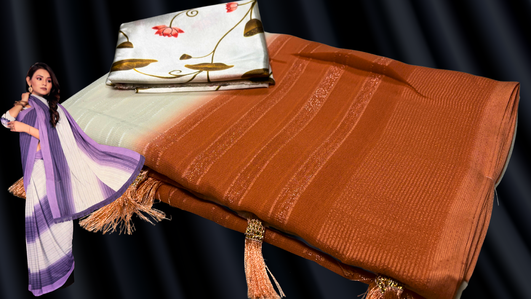 Saramita White Chiffon Silver Line Saree - Saffron Orange