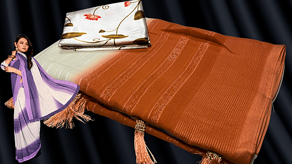 Saramita White Chiffon Silver Line Saree - Saffron Orange