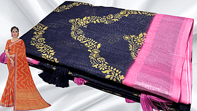 Full Speed necklace Linen Saree - Navy Blue