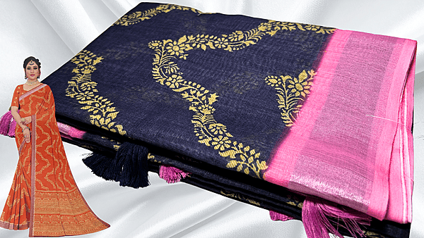 Full Speed necklace Linen Saree - Navy Blue