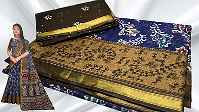 Golden Border Pure Cotton Saree - Dark Blue & Choco Brown