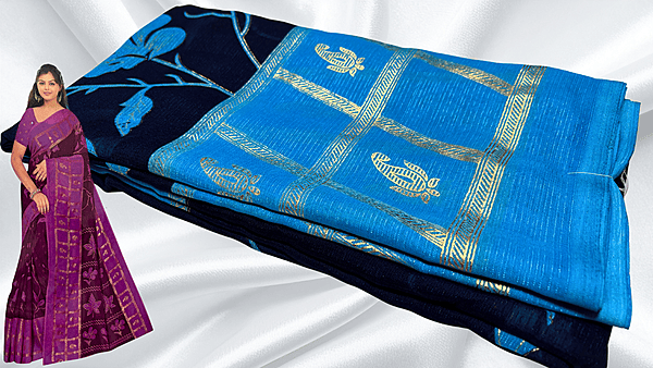 Bhumika Gold Foil Floral Saree - Dark Blue