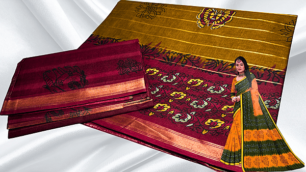 Batik Jari Pure Cotton Saree - Mustard & Red Pink