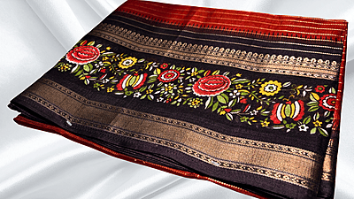 Tiger Silk Rusty Orange Floral Border Saree