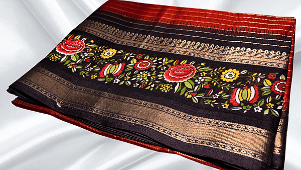 Tiger Silk Rusty Orange Floral Border Saree