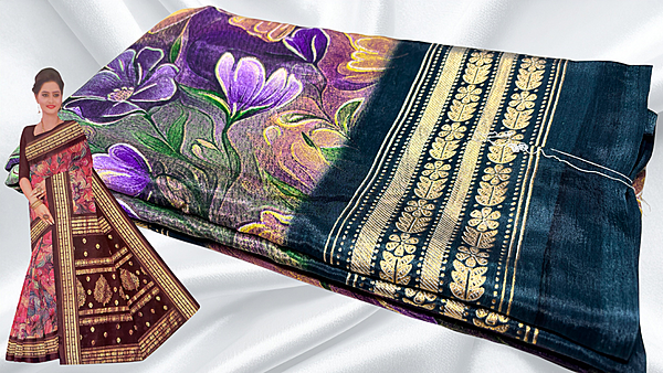Gold Coin Viscose Digital Floral Foil Saree - Dark Blue