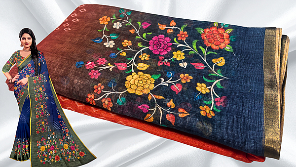 Sindoor Fancy Digital Gradient Saree - Orange Dark Blue