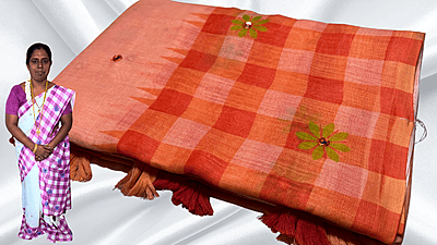 Soft Checks Mirror Work Saree - Orange