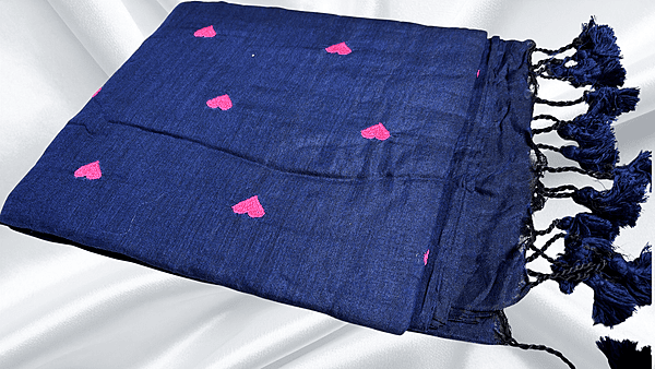 Kadhi Heart Embroidery Cotton Saree - Navy Blue