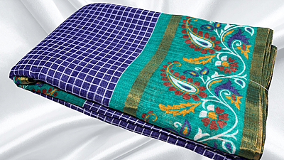 Bentex Cotton Digital Checks Saree - Ink Blue & Bottle Green Bentex Cotton Digital Checks Saree - Ink Blue & Bottle Green