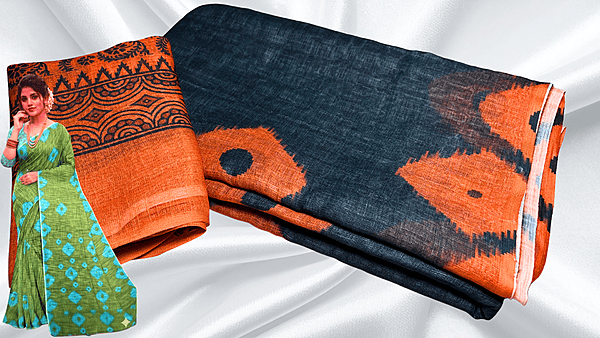 Shibori Cotton Diamond Dye Saree - Black & Orange