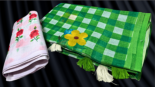 Linen White Chex Saree - Leaf Green