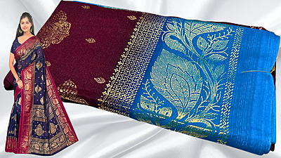 Bhumika Gold Foil Leaf Saree - Plum Maroon & Aqua Blue Bhumika Gold Foil Leaf Saree - Plum Maroon & Aqua Blue